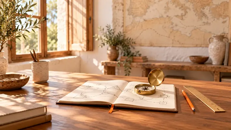 Brass compass on an open notebook with a sketched plan on a walnut desk