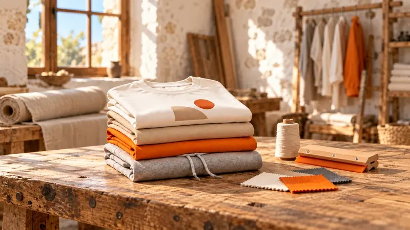 Stack of folded printed t-shirts and a hoodie on a rustic wooden workbench in a textile workshop