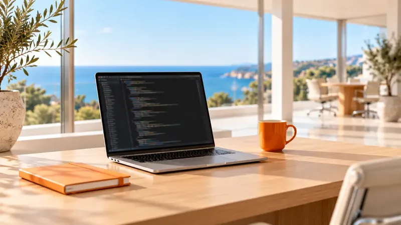 Laptop with program code on a light oak desk in a bright office with sea view