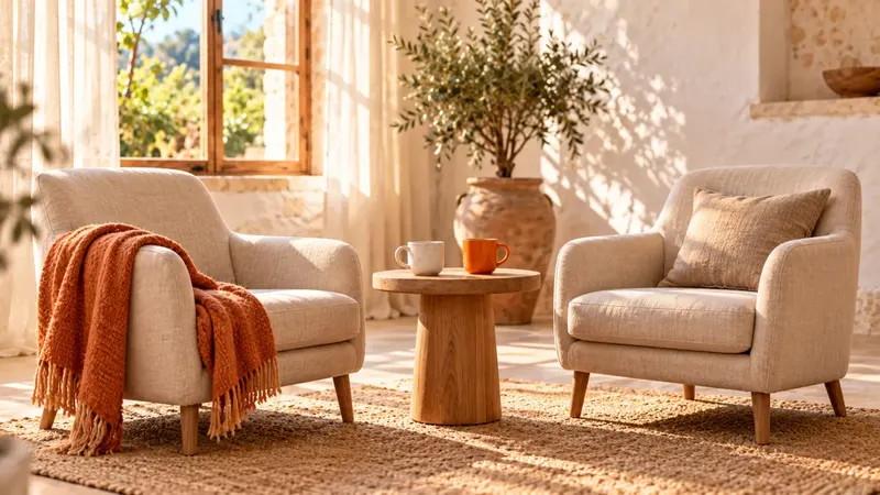 Two linen armchairs facing each other with two coffee cups on a small wooden table