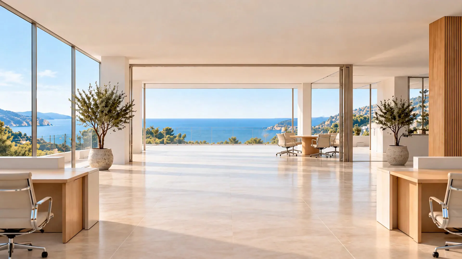 Bright open-plan office in Paphos with a clear path to the terrace and the sea